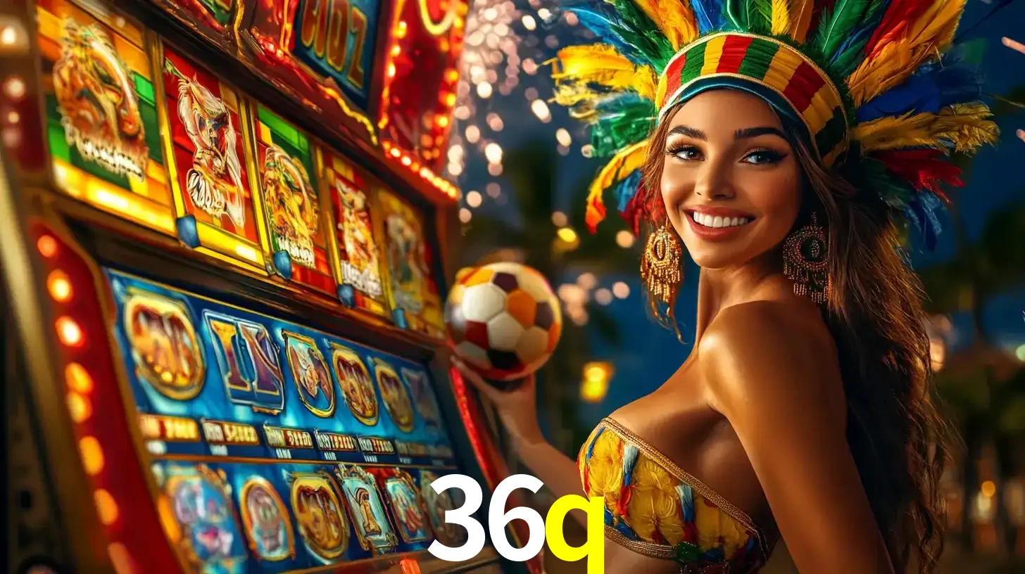 Mulher com um cocar de carnaval ao lado de uma máquina de caça-níqueis enquanto segura uma bola de futebol, mostrando a união da diversão de cassino e esportes no 36q.