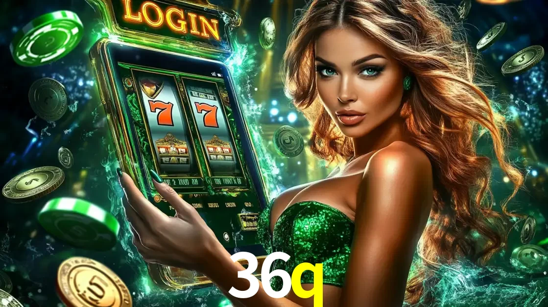 Mulher com tema verde apresentando o aplicativo do cassino 36q com um jogo de slot de 777, cercada por fichas de cassino e uma aura de sorte.
