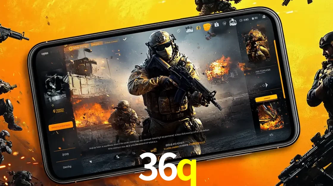 Um smartphone exibindo a interface de um jogo de tiro em primeira pessoa, com um soldado em um cenário de batalha, representando a ação dos e-sports para apostar no 36q.