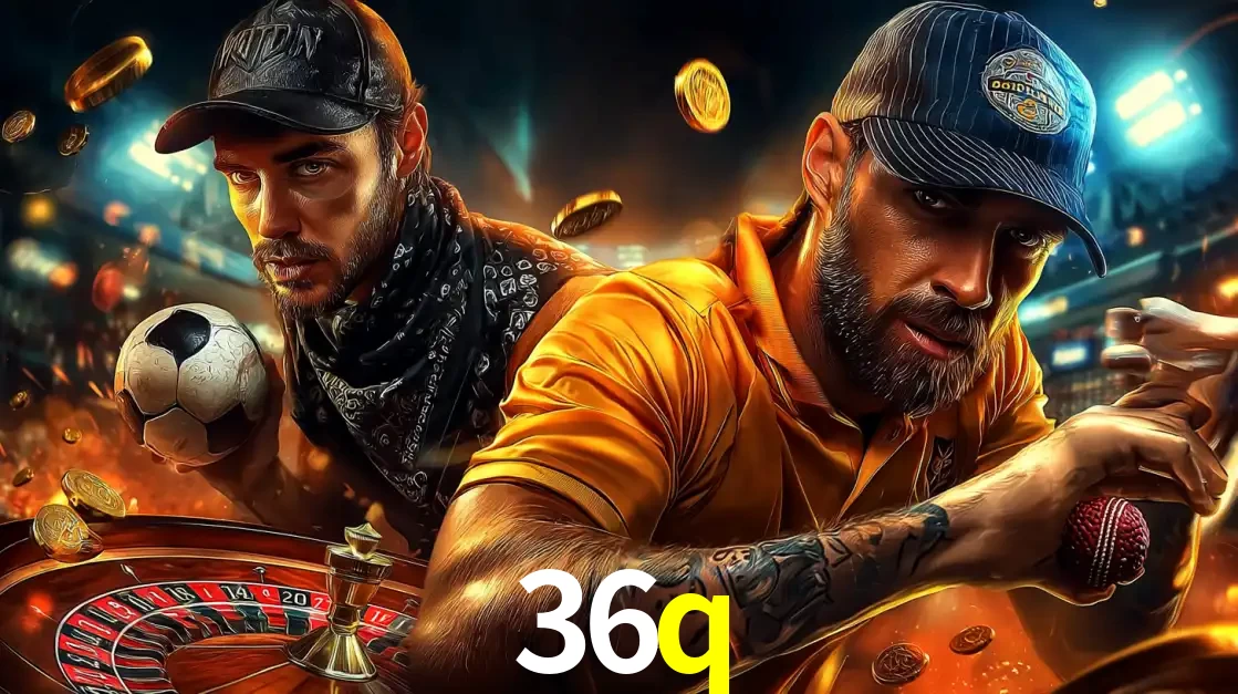 Montagem de apostas esportivas e cassino no 36q, com um homem segurando uma bola de futebol e outro uma de beisebol sobre uma roleta e moedas voadoras.