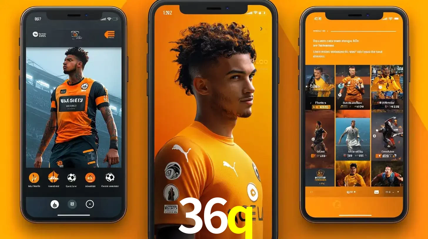 Interface do aplicativo de apostas esportivas 36q em três telas de celular, mostrando o perfil de um jogador de futebol e a lista de jogos disponíveis para apostar.