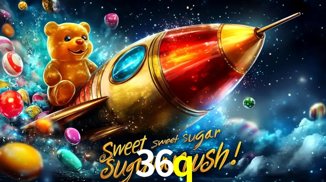 Arte promocional do jogo de slot Sugar Rush, com um urso de pelúcia em um foguete viajando pelo espaço de doces, um dos jogos divertidos disponíveis no cassino 36q.