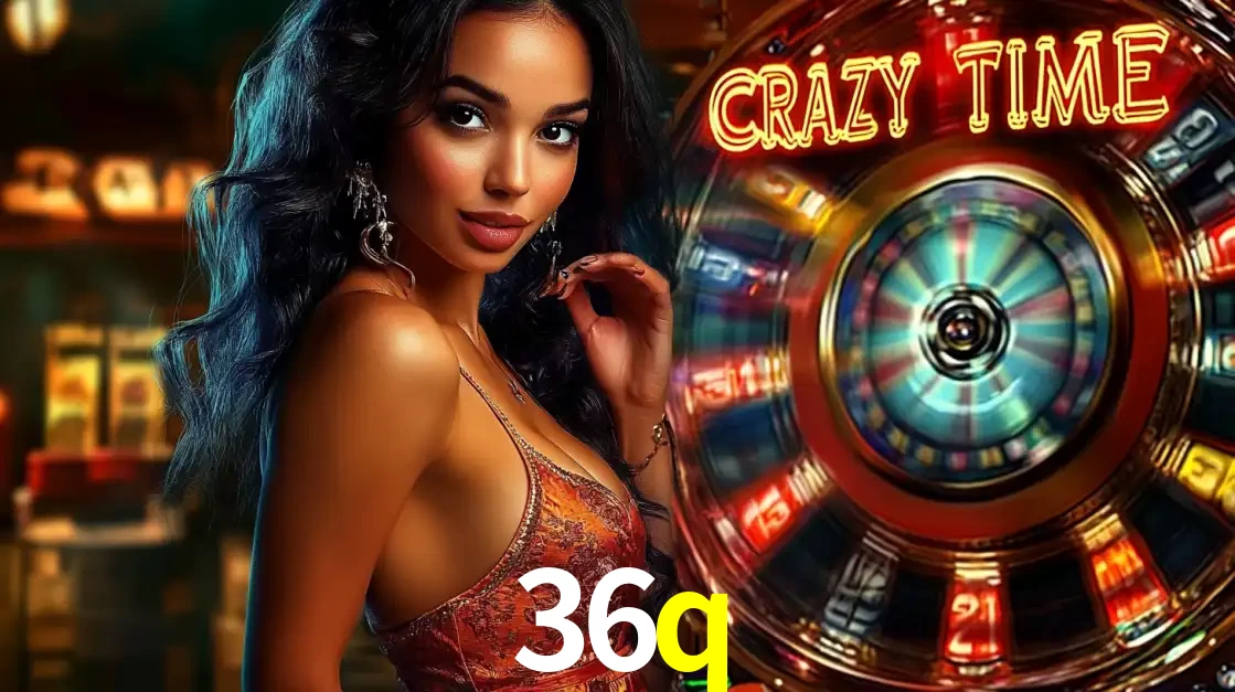Mulher elegante ao lado da vibrante roda da fortuna do jogo de cassino ao vivo Crazy Time, um dos game shows mais populares e cheios de prêmios do 36q.