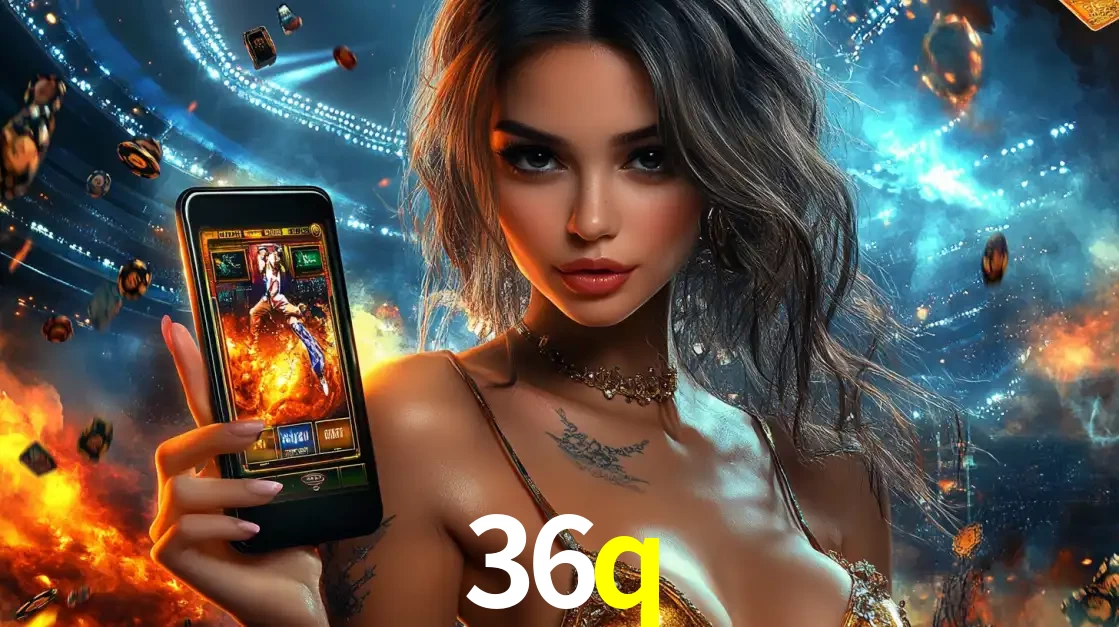 Mulher segurando um celular com um jogo de slot em destaque, tendo como fundo um estádio vibrante, simbolizando a emoção de jogar no cassino móvel 36q.